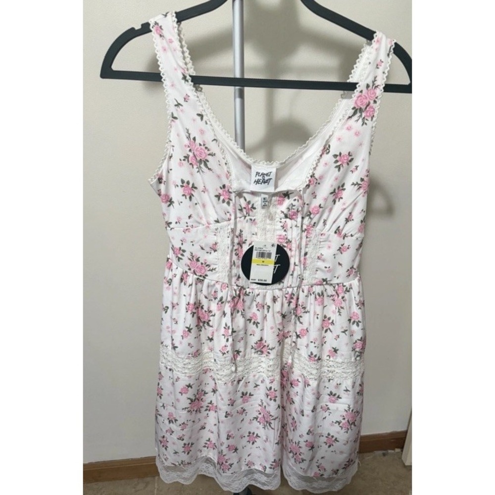 Planet Heart Women's Floral Lace Trim Sleeveless Dress White Pink Ditsy Milkmaid